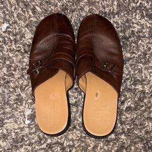 Rockport Dark Brown Leather Slip-On Mules with Buckle Detail